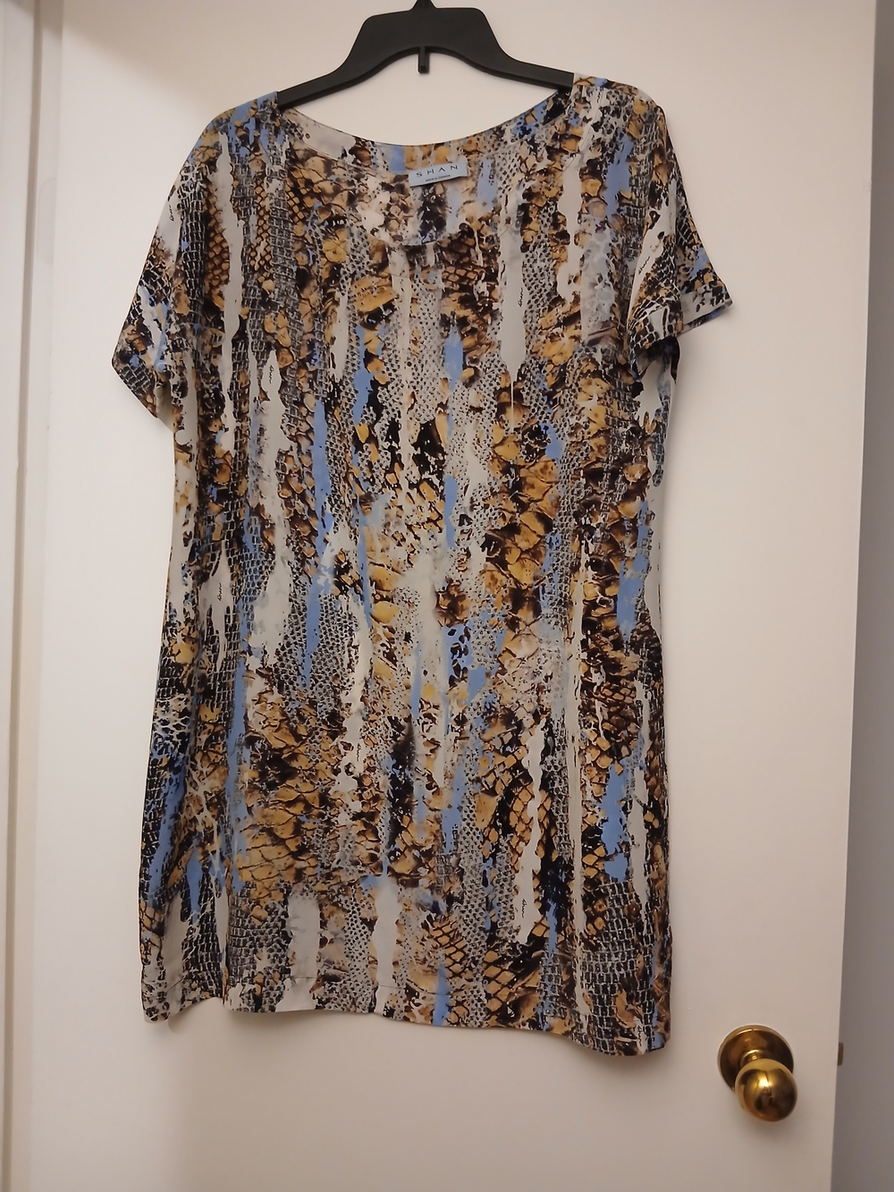 SHAN Blue & Tan Abstract Snake-Print Short Sleeve Tunic